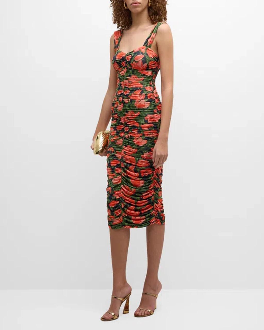 CAROLINA HERRERA Floral-print Ruched Midi Dress In Midnight Multi product image