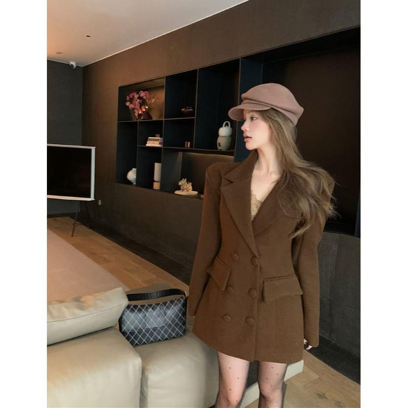 Lapel Collar Plain Double-Breasted Coat Product Image