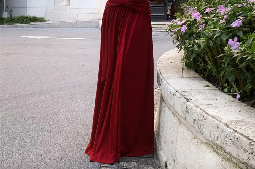 Sleeveless One Shoulder Plain Ruched Maxi A-Line Dress Product Image