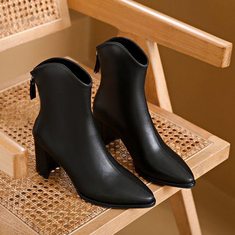 Block Heel Plain Pointy Short Boots Product Image