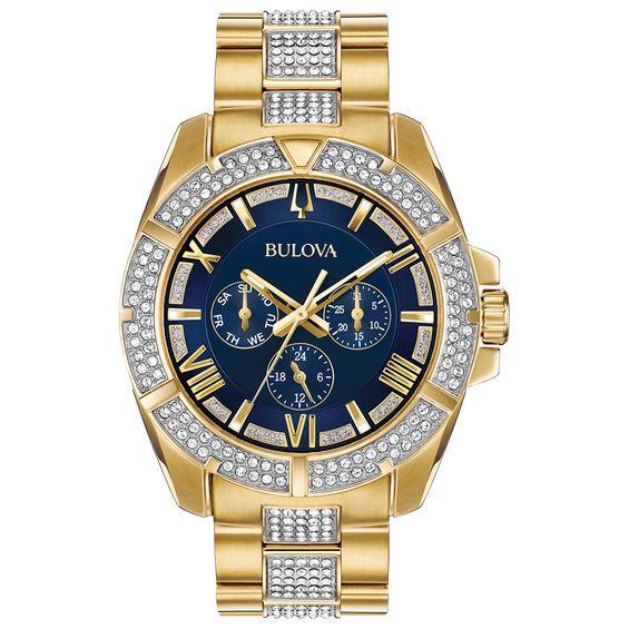 Men's Bulova Octava Crystal Accent Gold-Tone Watch with Blue Dial (Model: 98C128) Product Image