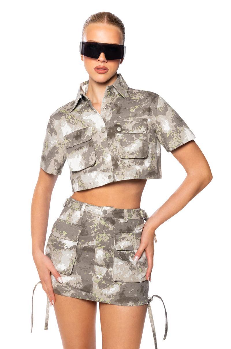 RUN THE WORLD CAMO CROPPED BUTTON DOWN Product Image