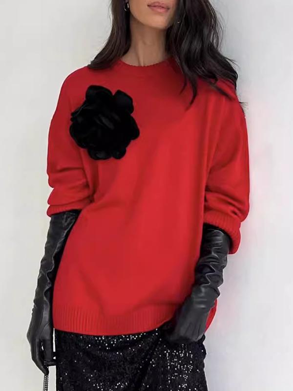 Long Sleeves Loose Flower Shape Split-Joint Round-Neck Sweater Tops Product Image