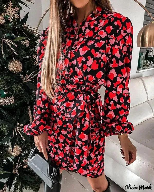 Olivia Mark – Valentine’s Day Heart Print Button Front Belted Shirt Dress Product Image