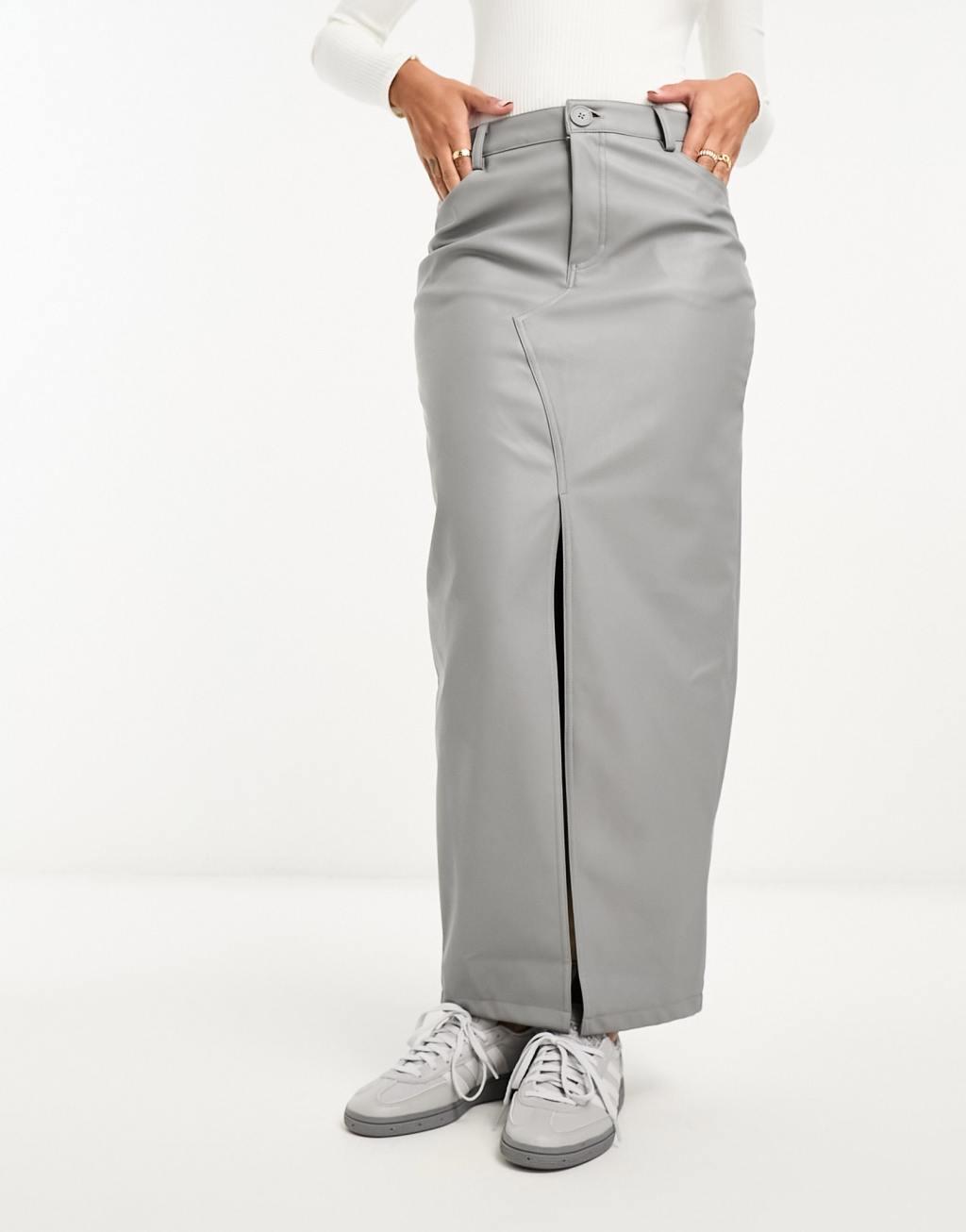 ASOS DESIGN faux leather maxi skirt with front split in silver metallic Product Image