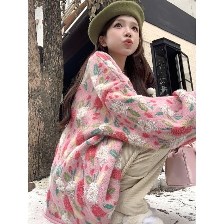 Crew Neck Floral Jacquard Button-Up Cardigan Product Image