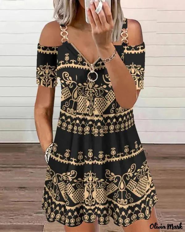 Olivia Mark – Off Shoulder Swing Dress with Tribal Print Chain Decor Product Image