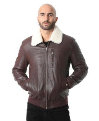 Men's Genuine Leather Bomber Jacket with Shearling Lining, Burgundy Nappa and White Curly Wool Product Image