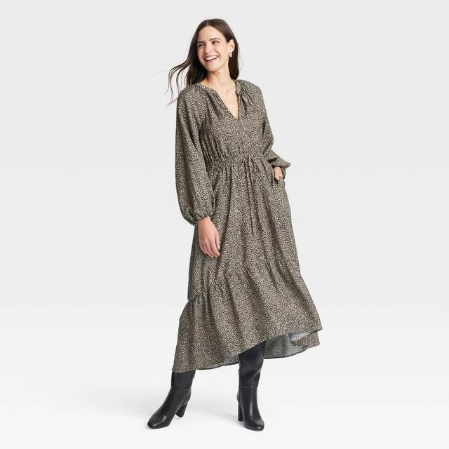 Womens Balloon Long Sleeve Tiered Midi Dress - A New Day Brown Leopard Print M Product Image