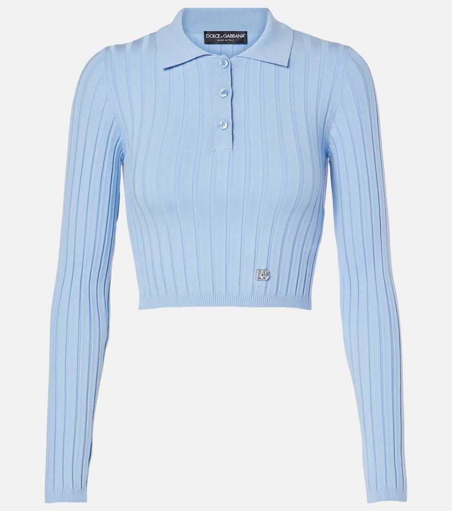 DOLCE & GABBANA Ribbed-knit Cropped Polo Sweater In Blue Product Image