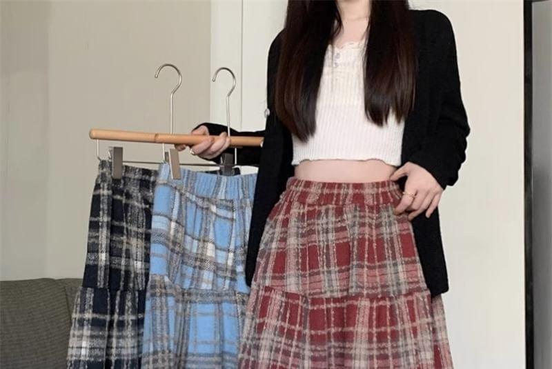 High Waist Plaid Tiered Midi A-Line Skirt Product Image