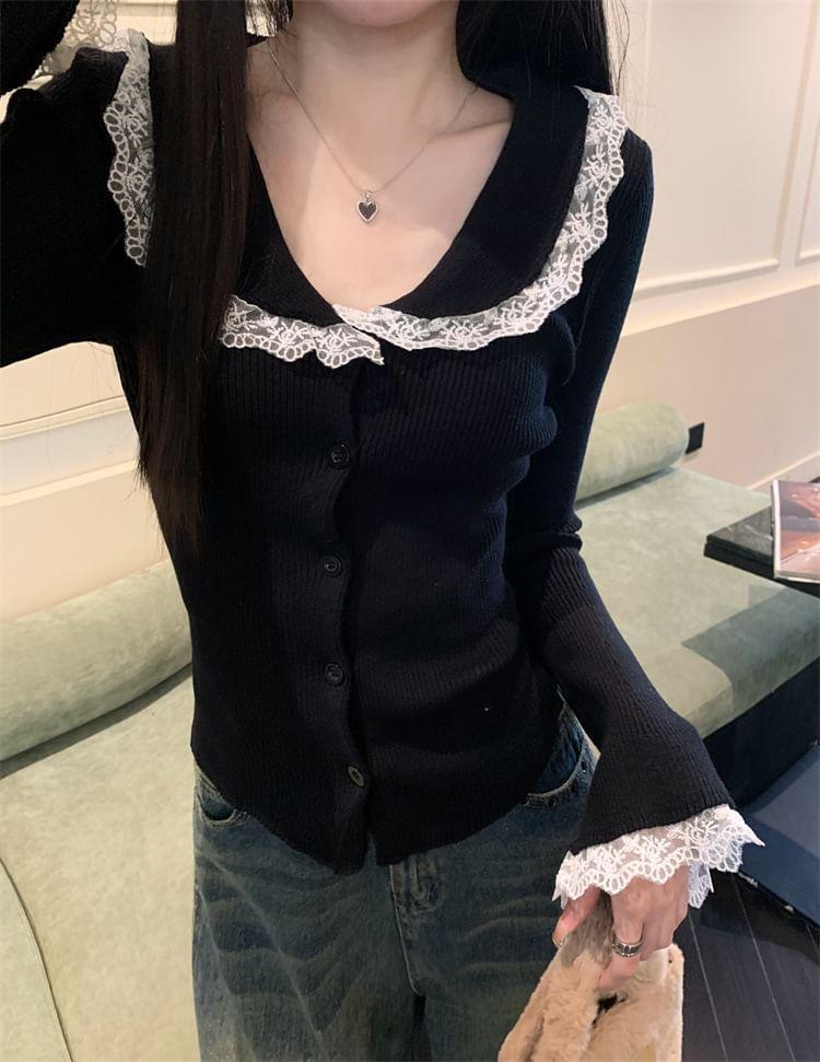 Long-Sleeve Collar Lace Trim Button Ribbed Knit Top Product Image