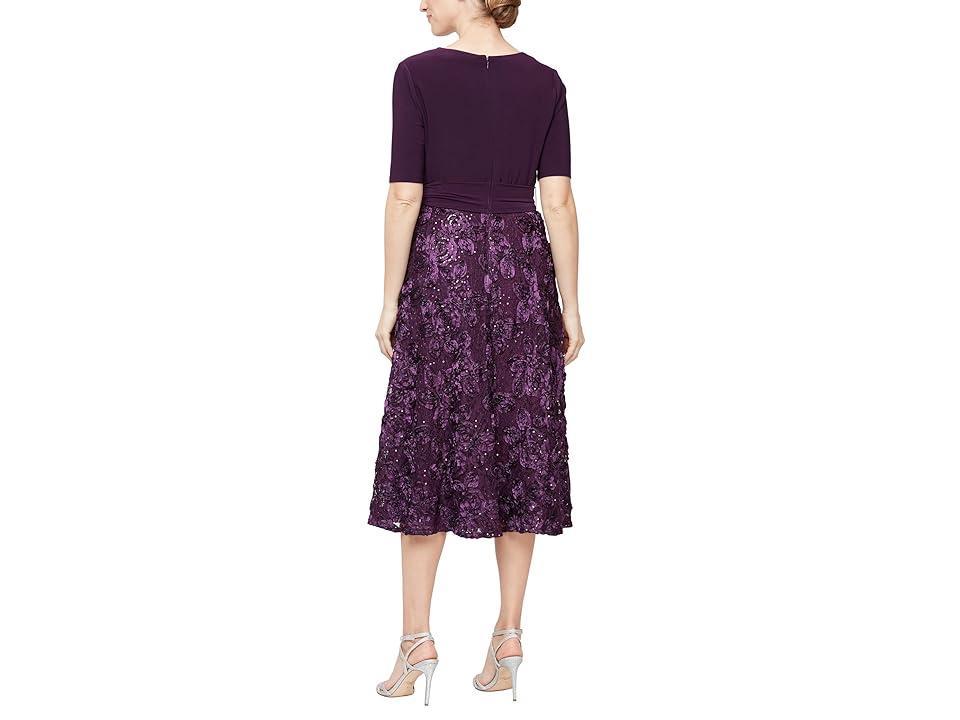 Alex Evenings Tea-Length Dress with Rosette Lace (Eggplant) Women's Dress Product Image