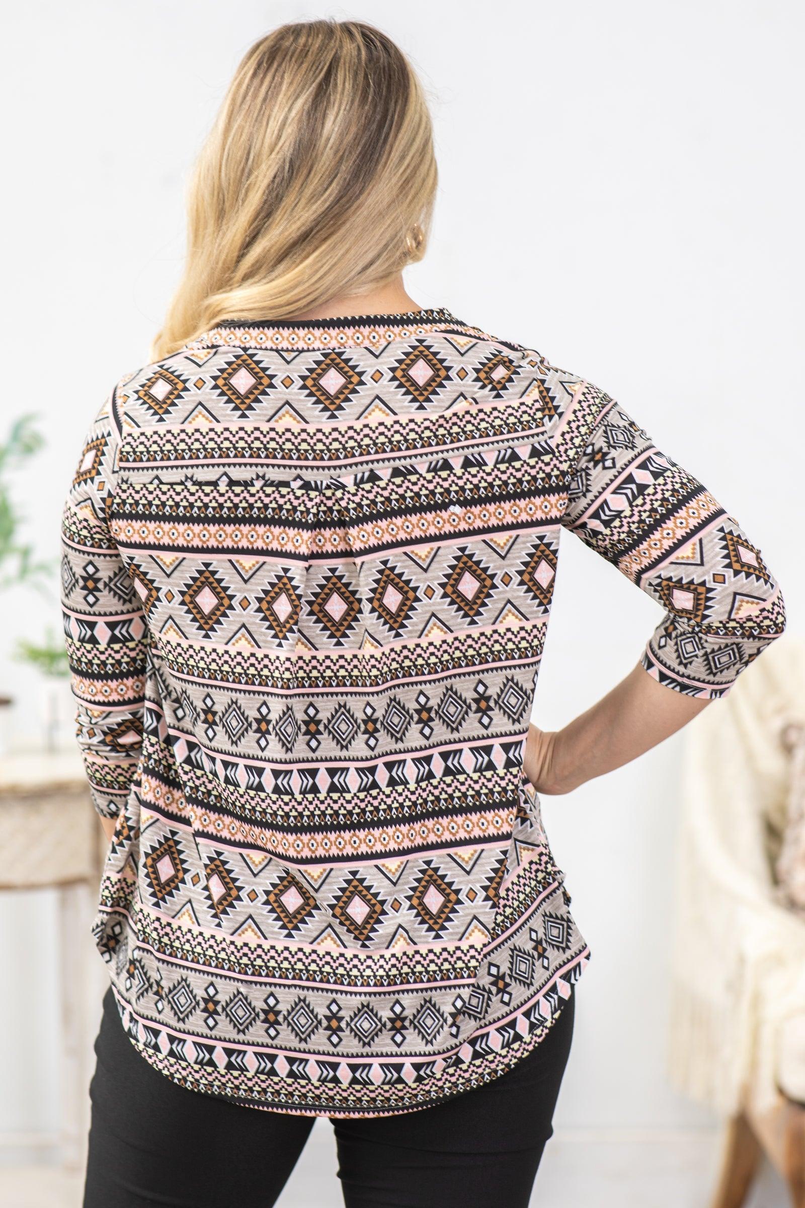 Mocha And Pink 3/4 Sleeve Aztec Print Knit Top Product Image