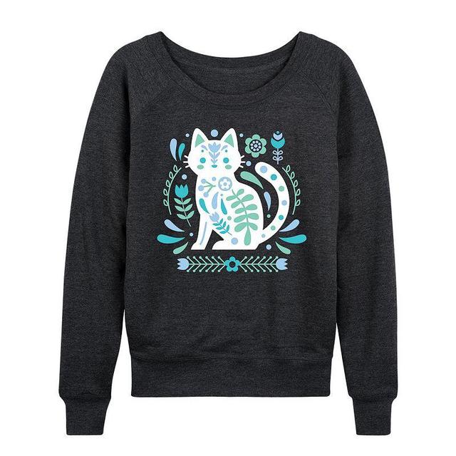 Womens Scandinavian Cat Lightweight French Terry Sweatshirt, Girls Grey Blue Product Image