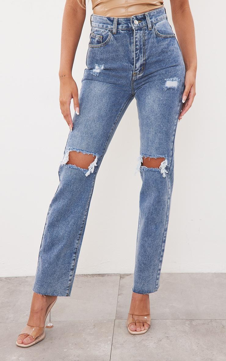 Mid Wash High Rise Ripped Straight Leg Jeans Product Image