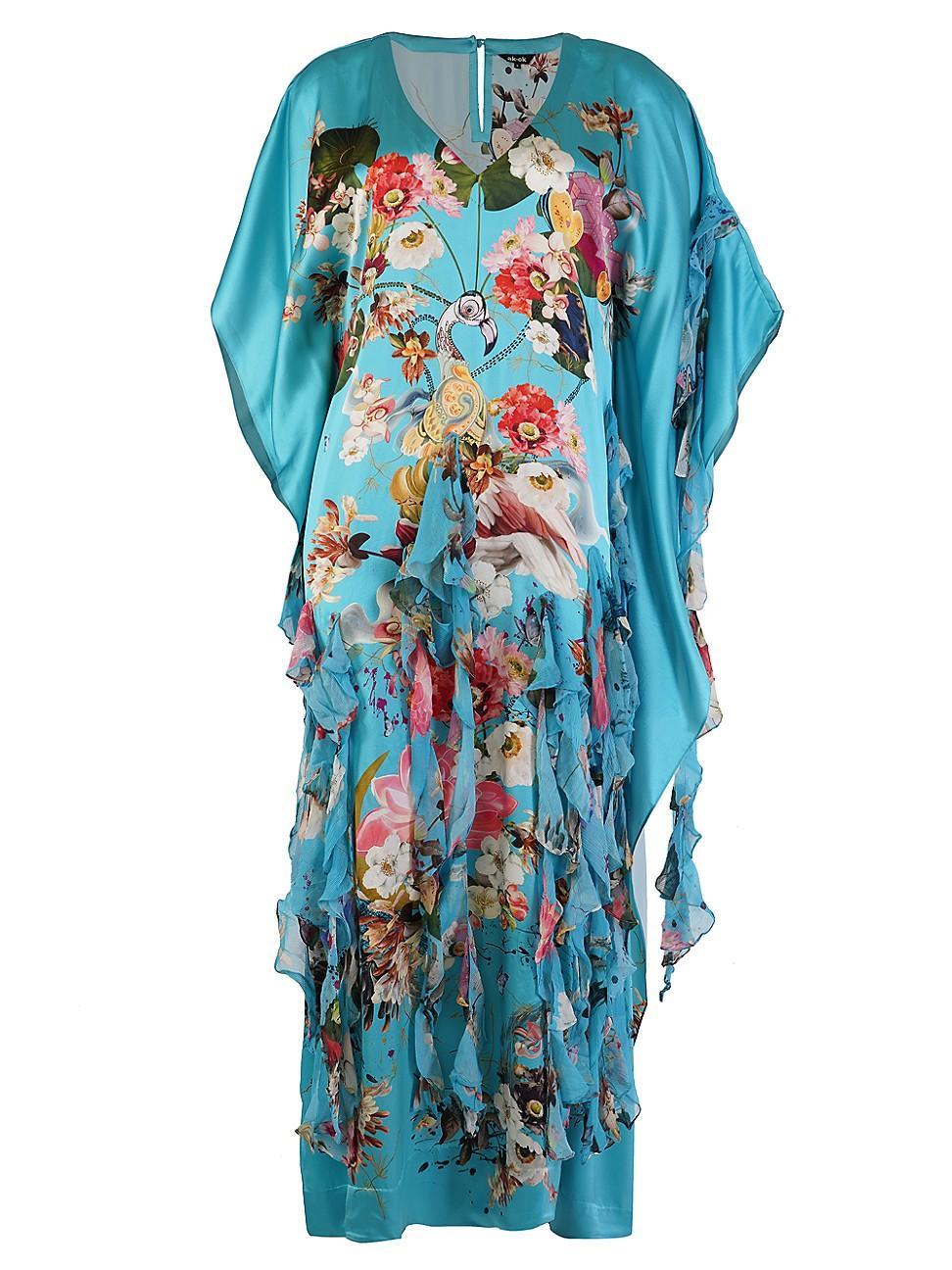 Womens Ruffled Floral Silk Caftan Product Image