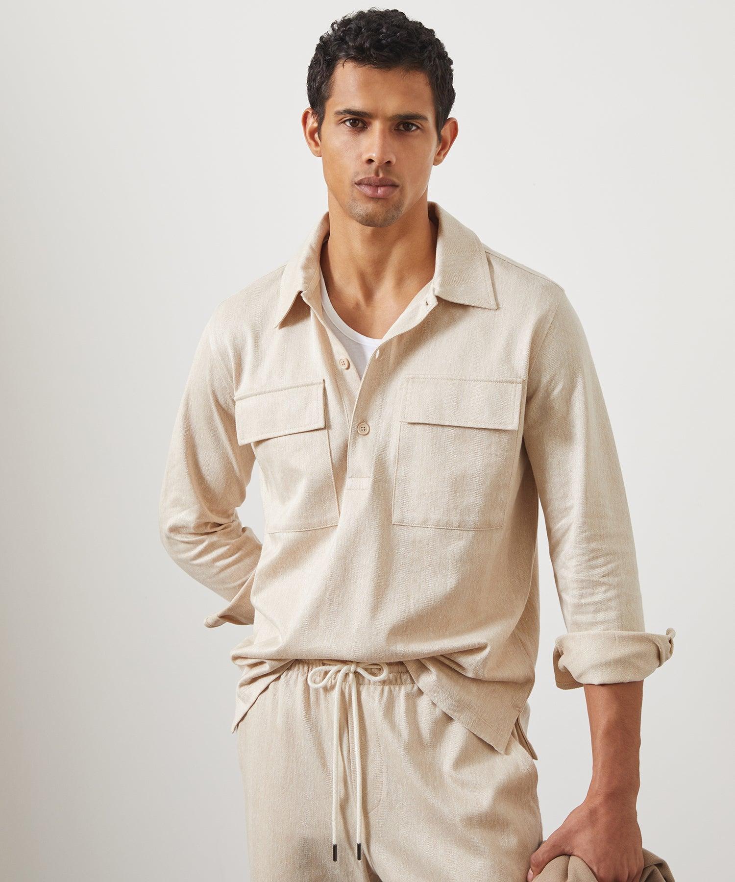 Linen Cotton Herringbone Shirt in Desert Beige Product Image