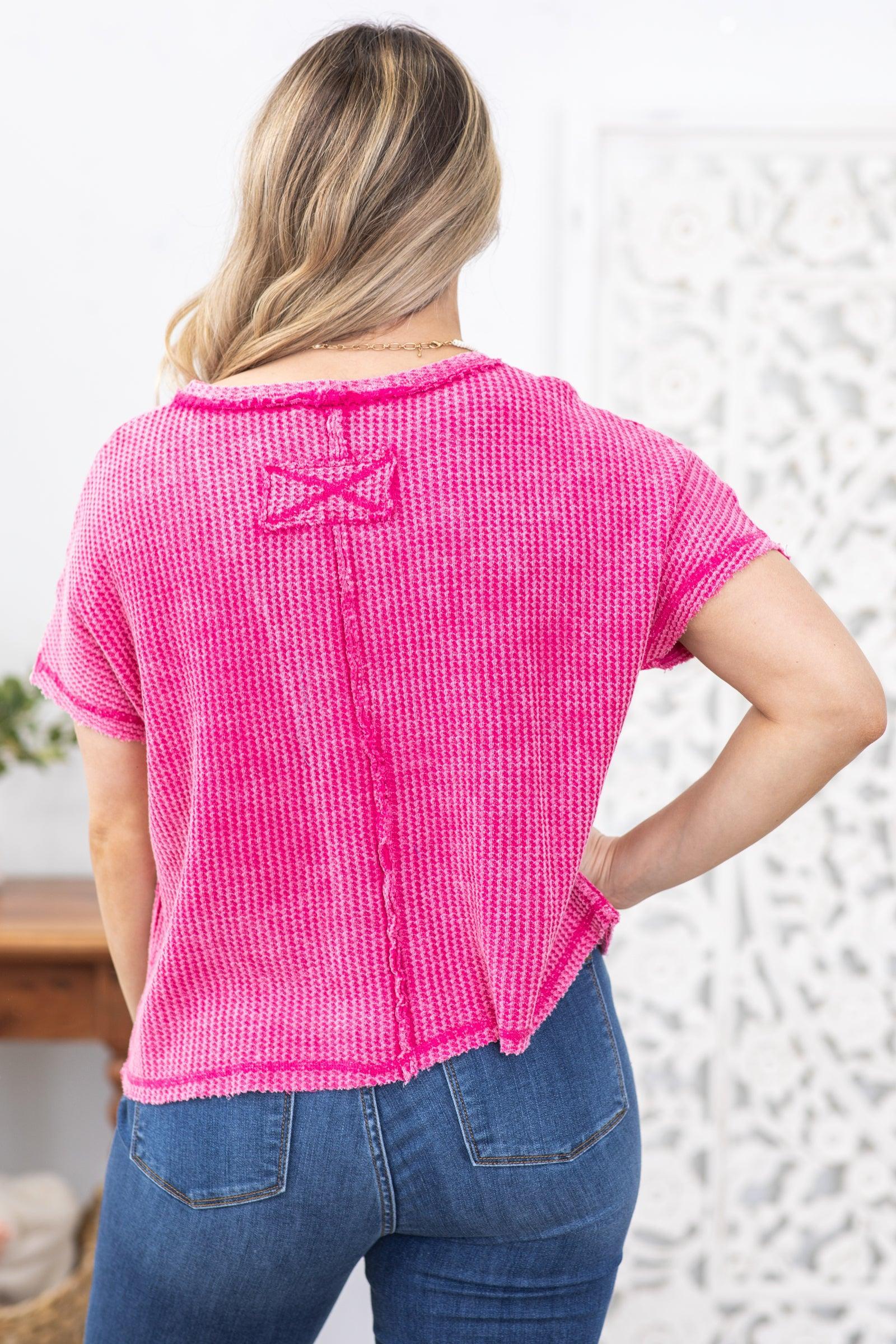 Fuchsia Washed Stitch Detail Waffle Knit Top Product Image