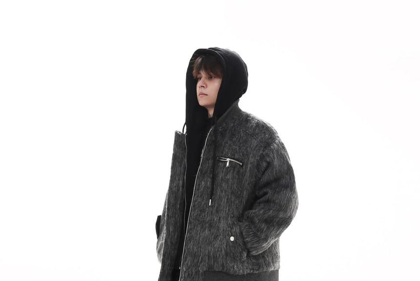 Plain Hooded Fluffy Zip Jacket Product Image