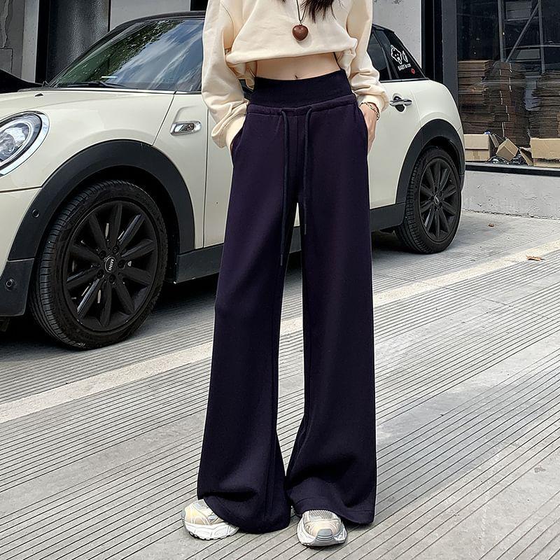 Mid Waist Drawstring Plain Wide-Leg Pants Product Image