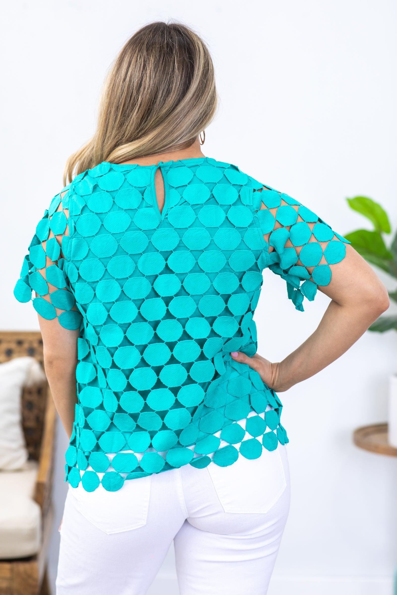 Turquoise Polka Dot Lace Woven Top Product Image