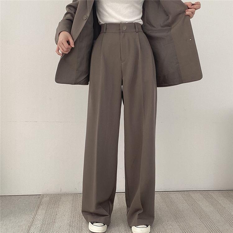 Lapel Collar Plain Single-Breasted Blazer / High Waist Wide Leg Dress Pants Product Image