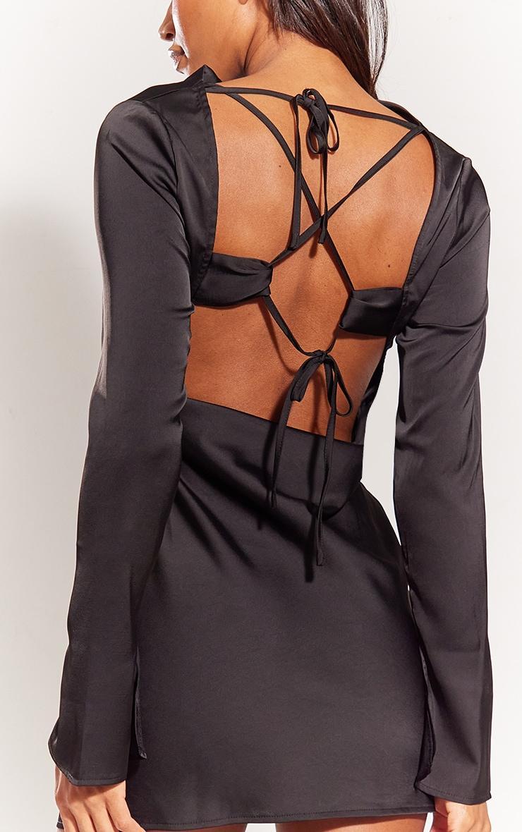 Black Long Flare Sleeve Satin Strappy Back Shift Dress Product Image