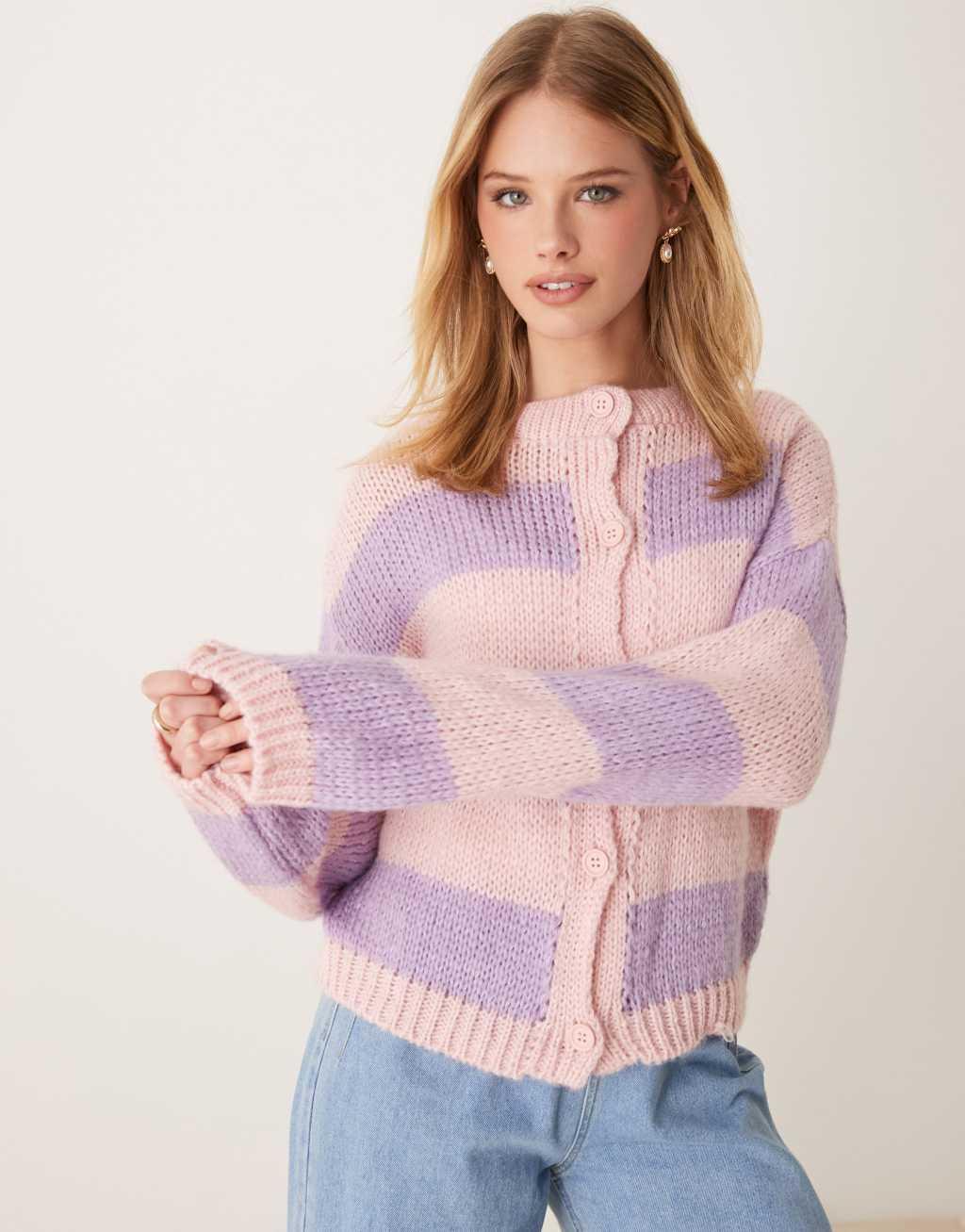 Miss Selfridge pastel pink and purple stripe knit cardigan Product Image