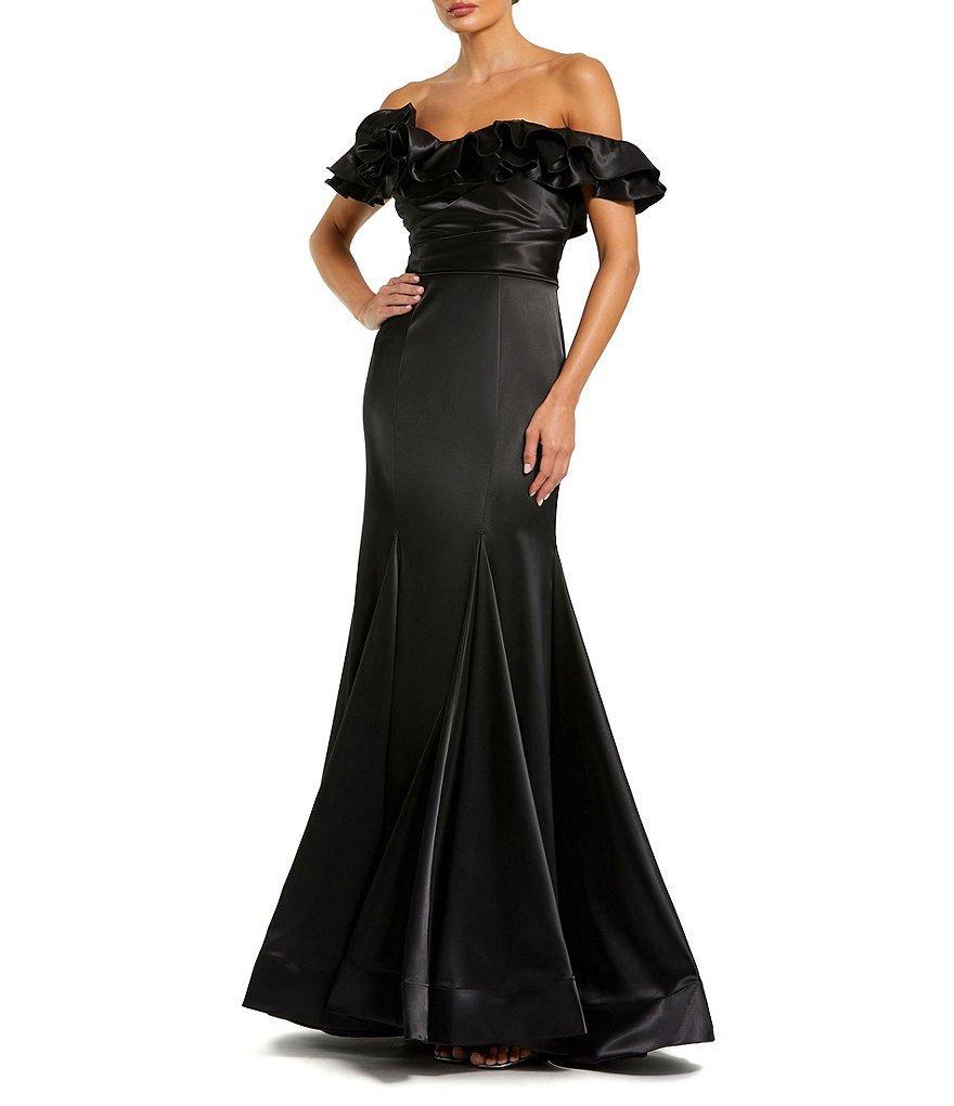 Mac Duggal Satin Off The Shoulder Ruffle 3D Flower Flutter Sleeve Pleated Mermaid Gown Product Image