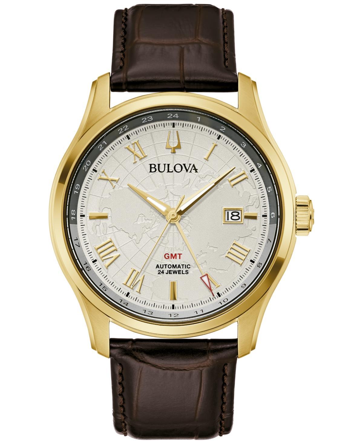 Men's Bulova Classic Wilton Gold-Tone Automatic Brown Leather Strap Watch with Silver-Tone Dial (Model: 97B210) Product Image