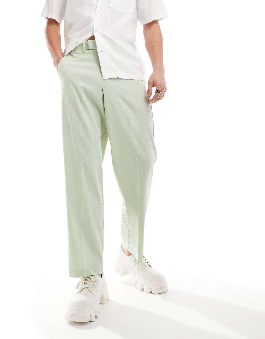 ASOS DESIGN linen blend wide leg smart pants in sage green crinkle Product Image