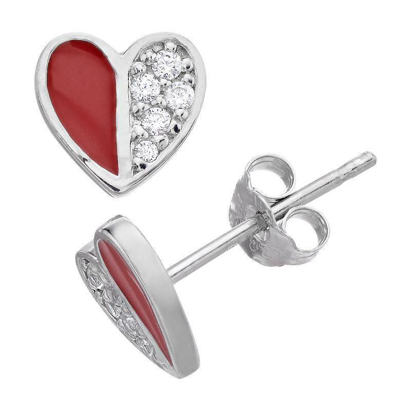 Aleure Precioso Sterling Silver Cubic Zirconia & Enamel Heart Stud Earrings, Womens, Sterling Red Product Image