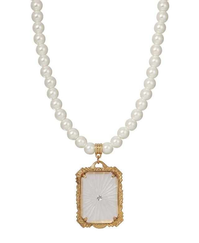 1928 Gold Tone Simulated Pearl & Crystal Frosted Glass Square Pendant Necklace, Womens, White Product Image