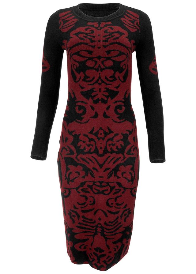 Printed Midi Sweater Dress - Black & Wine Product Image