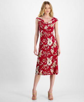 Petite Printed Drape-Neck Midi Dress Product Image