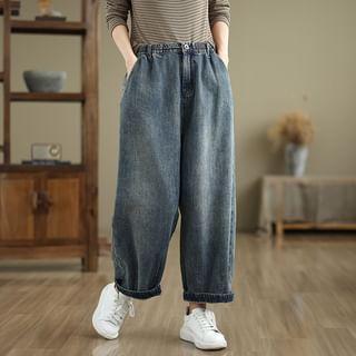 Elastic Waist Washed Wide Leg Jeans Product Image