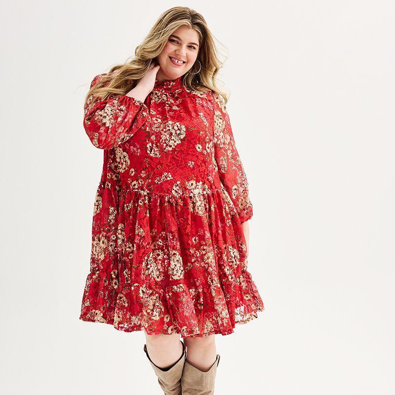 Plus Size Maison Tara Printed Mockneck Lace Babydoll Dress, Womens Red Rose Product Image