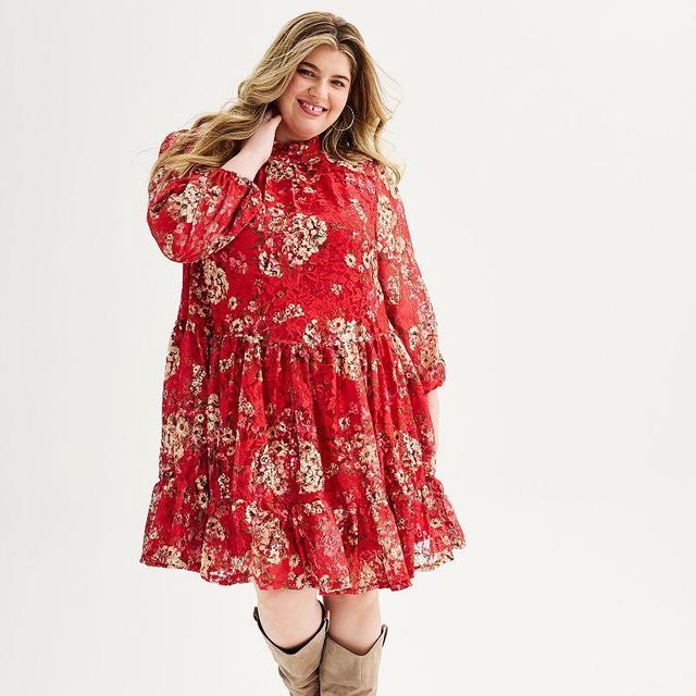 Plus Size Maison Tara Printed Mockneck Lace Babydoll Dress, Womens Red Product Image