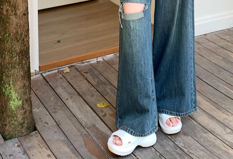 High Waist Cutout Washed Wide Leg Suspender Jeans Product Image