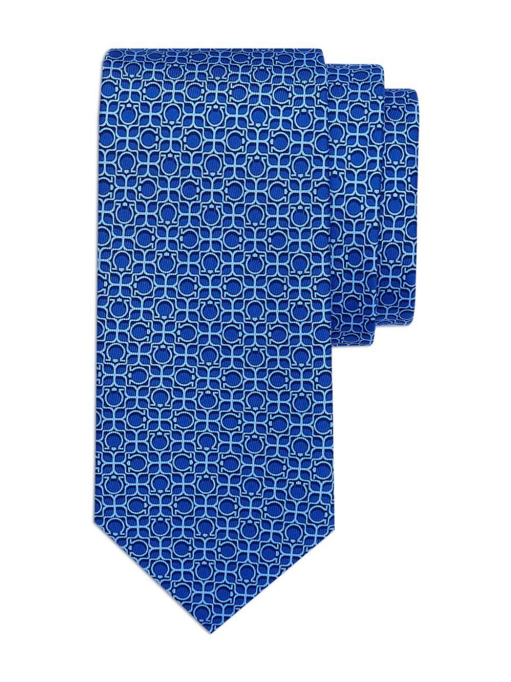 FERRAGAMO Man Totem Print Silk Tie In Marine Blue Product Image