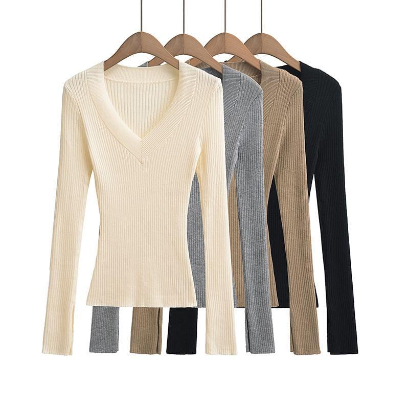 V-Neck Long Sleeve Plain Ribbed Knit Sweater Product Image