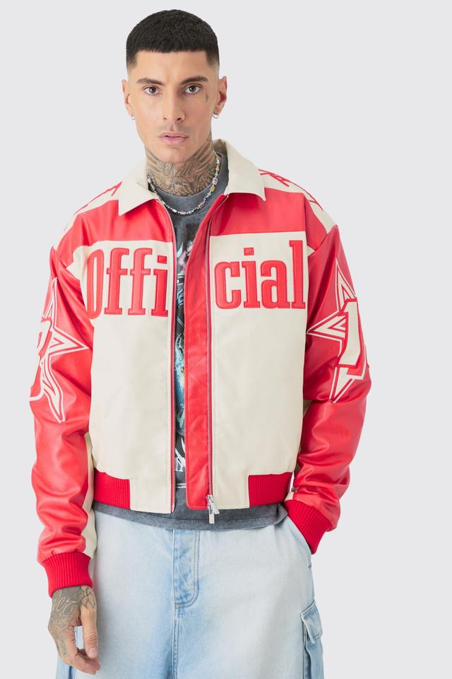 Tall Boxy Pu Moto Collared Bomber | boohooMAN USA Product Image