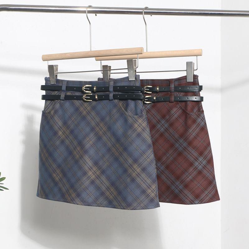 Set: High Waist Plaid Mini Skirt + Belt Product Image