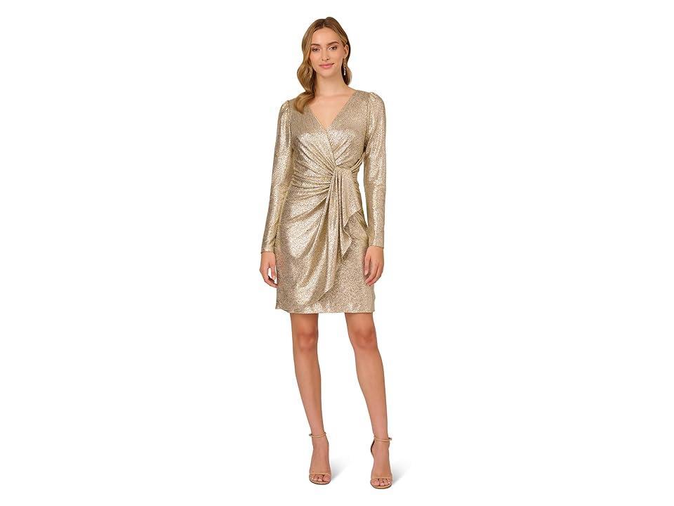 Adrianna Papell Metallic Foil Long Sleeve Knit Faux Wrap Dress Product Image