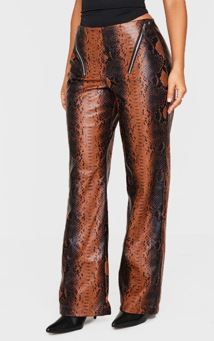 Petite Snake Print Faux Leather Zip Detail Low Rise Wide Leg Pants Product Image