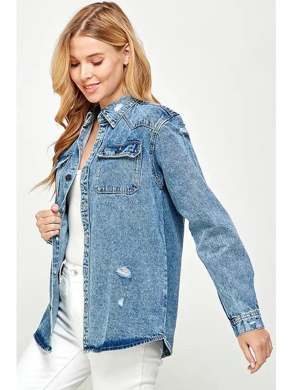 Women's Distressed Denim Wash Jacket Product Image