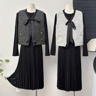 Tie-Front Tweed Vest / Two-Tone Pleated A-Line Dress Product Image