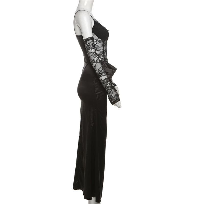 Spaghetti Strap V-Neck Mesh Maxi Sheath Dress Product Image