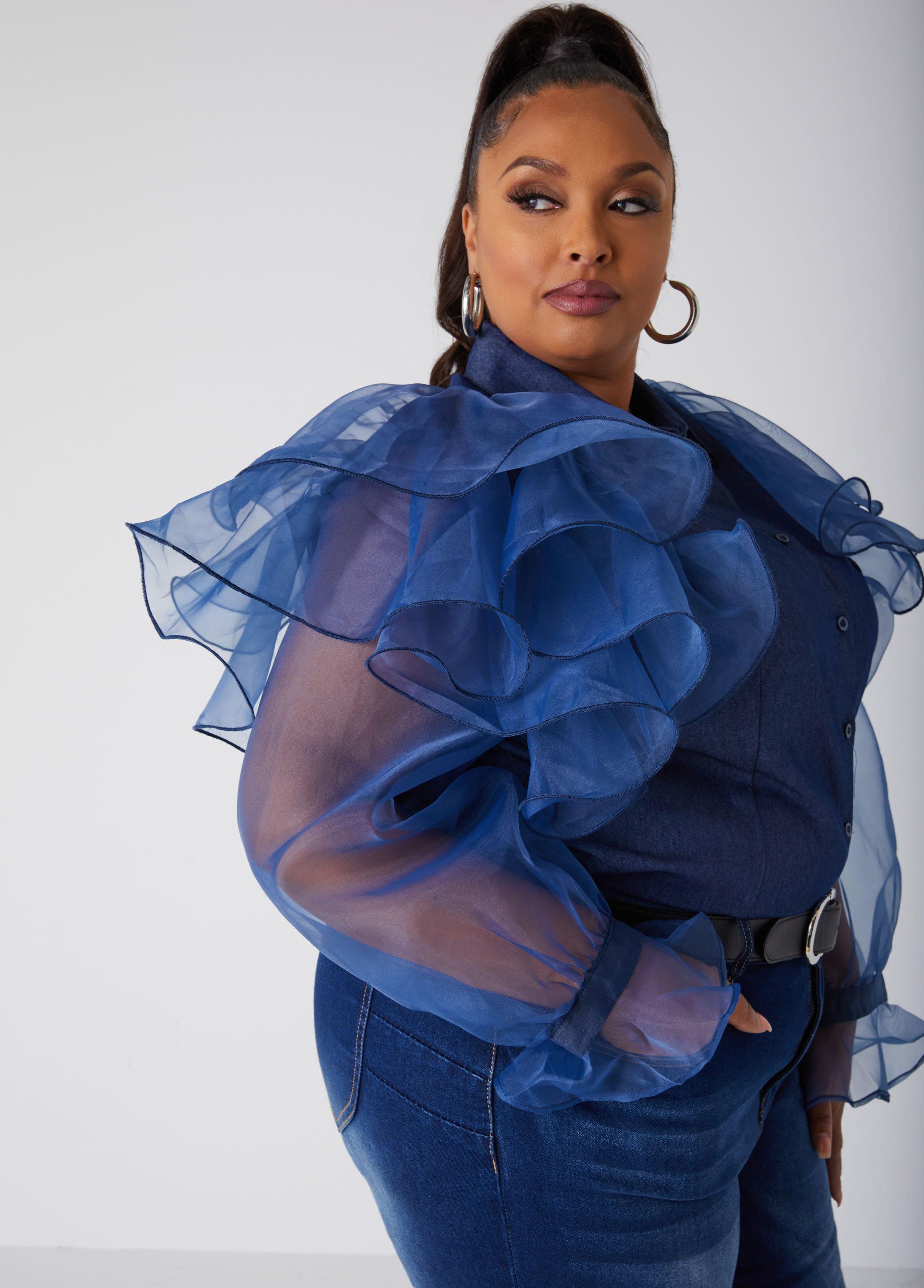 Plus Size Ruffled Organza Chambray Shirt Ashley Stewart Product Image